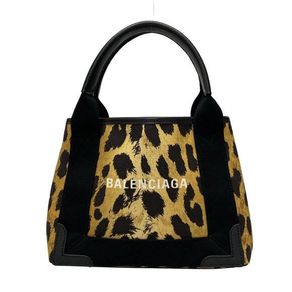 Auth BALENCIAGA Navy Cabas XS 390346 Black Light Brown Dark Brown Canvas Leather - Picture 1 of 16